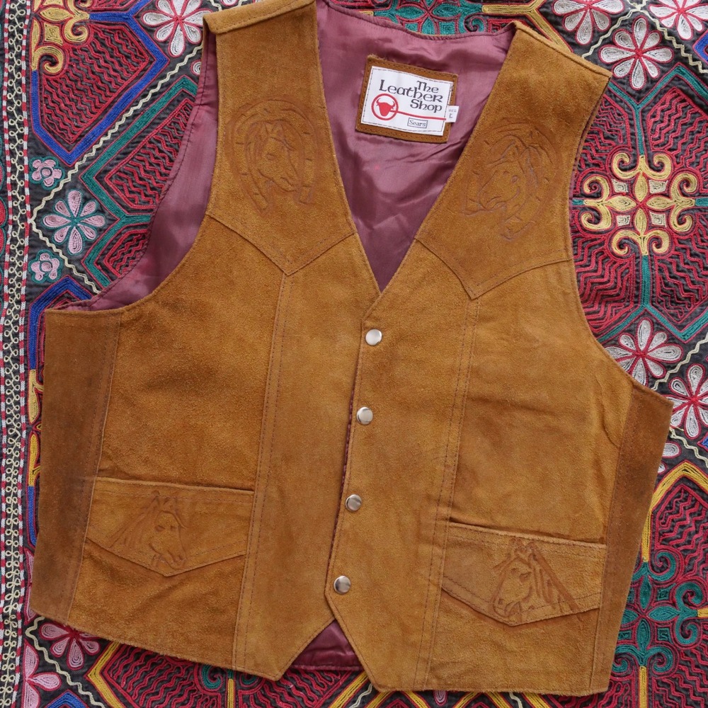 Vintage 70s The Leather Shop Sears caramel colored suede leather western vest